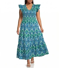 Sugarlips Plus Size Abstract Sunfire Printed Split V-Neck Cap Sleeve Tiered Poplin Maxi Dress