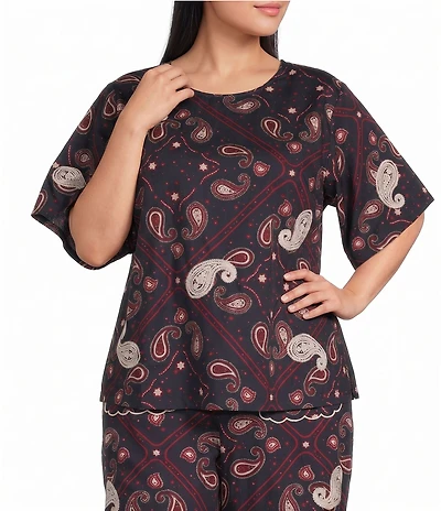 Sugarlips Plus Size Amora Paisley Printed Crew Neck Short Sleeve Coordinating Top