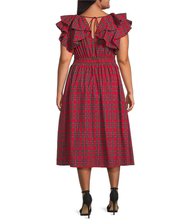 Sugarlips Plus Size Arvada Plaid Print Santana Tie Back Split V-Neck Midi Dress