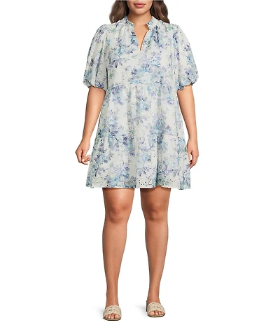 Sugarlips Plus Size At Sea Jacey Embroidered Eyelet Split V-Neck Short Sleeve Tiered Mini Dress