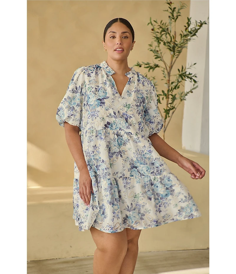 Sugarlips Plus Size At Sea Jacey Embroidered Eyelet Split V-Neck Short Sleeve Tiered Mini Dress