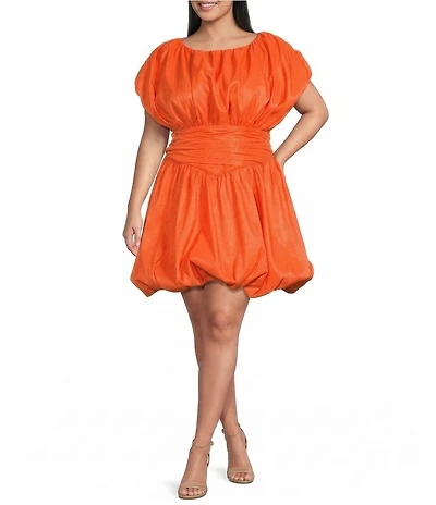 Sugarlips Plus Size Avery Mock Neck Cap Sleeve Ruched Bubble Hem Satin Mini Dress