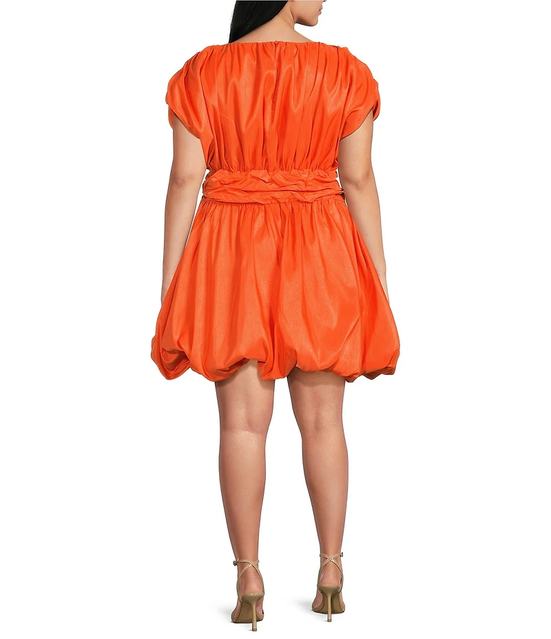 Sugarlips Plus Size Avery Mock Neck Cap Sleeve Ruched Bubble Hem Satin Mini Dress