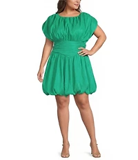 Sugarlips Plus Size Avery Mock Neck Cap Sleeve Ruched Bubble Hem Satin Mini Dress