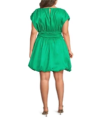 Sugarlips Plus Size Avery Mock Neck Cap Sleeve Ruched Bubble Hem Satin Mini Dress