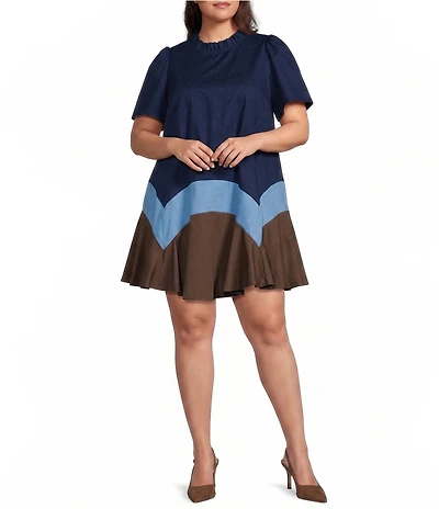 Sugarlips Plus Size Balsy Color Bock Ruffle Mock Neck Short Sleeve Poplin Shift Mini Dress