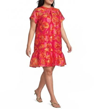 Sugarlips Plus Size Berny Floral Print Mock Neck Short Sleeve Organza Mini Dress