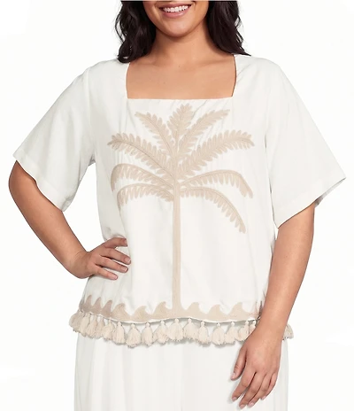 Sugarlips Plus Size Biela Embroidered Palm Print Square Neck Half Sleeve Tassel Trim Coordinating Top