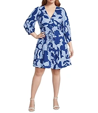 Sugarlips Plus Size Brile Abstract Roana V-Neck Long Sleeve Mini Dress