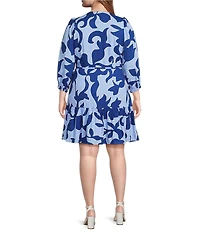 Sugarlips Plus Size Brile Abstract Roana V-Neck Long Sleeve Mini Dress