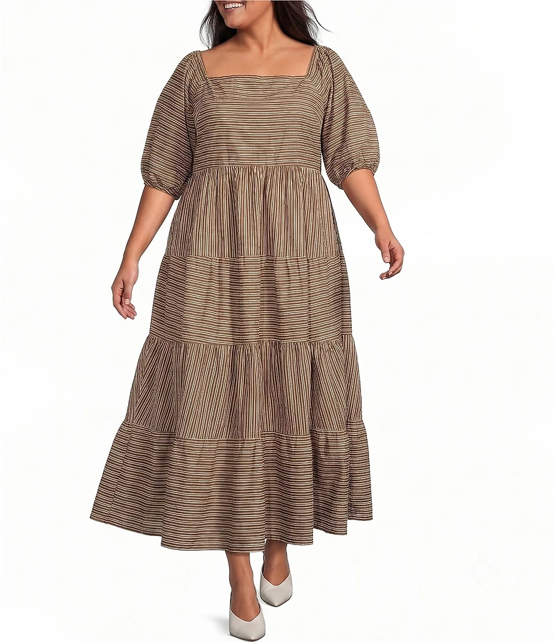 Sugarlips Plus Size Brown Stripe Zazy Square Neck Short Sleeve Tiered Midi Dress