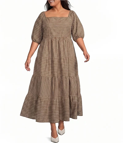 Sugarlips Plus Size Brown Stripe Zazy Square Neck Short Sleeve Tiered Midi Dress