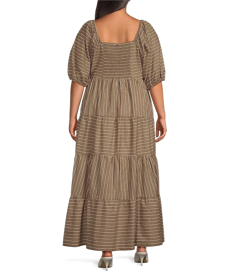 Sugarlips Plus Size Brown Stripe Zazy Square Neck Short Sleeve Tiered Midi Dress