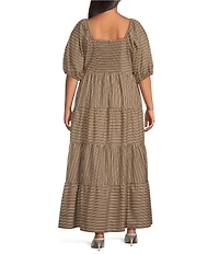 Sugarlips Plus Size Brown Stripe Zazy Square Neck Short Sleeve Tiered Midi Dress