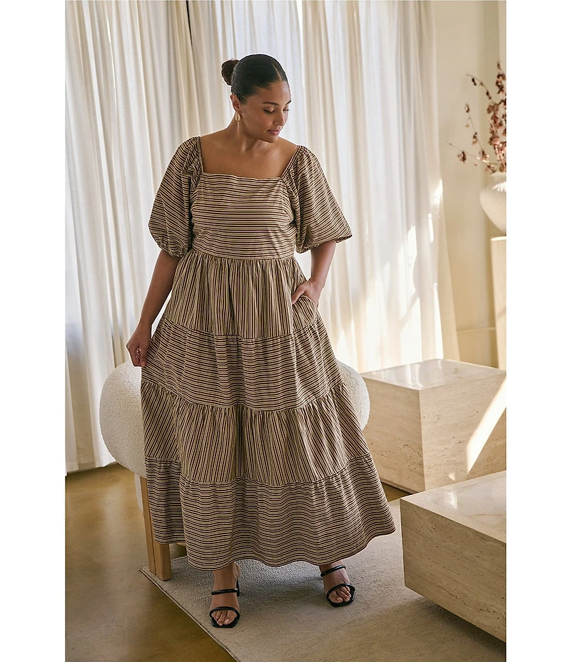 Sugarlips Plus Size Brown Stripe Zazy Square Neck Short Sleeve Tiered Midi Dress