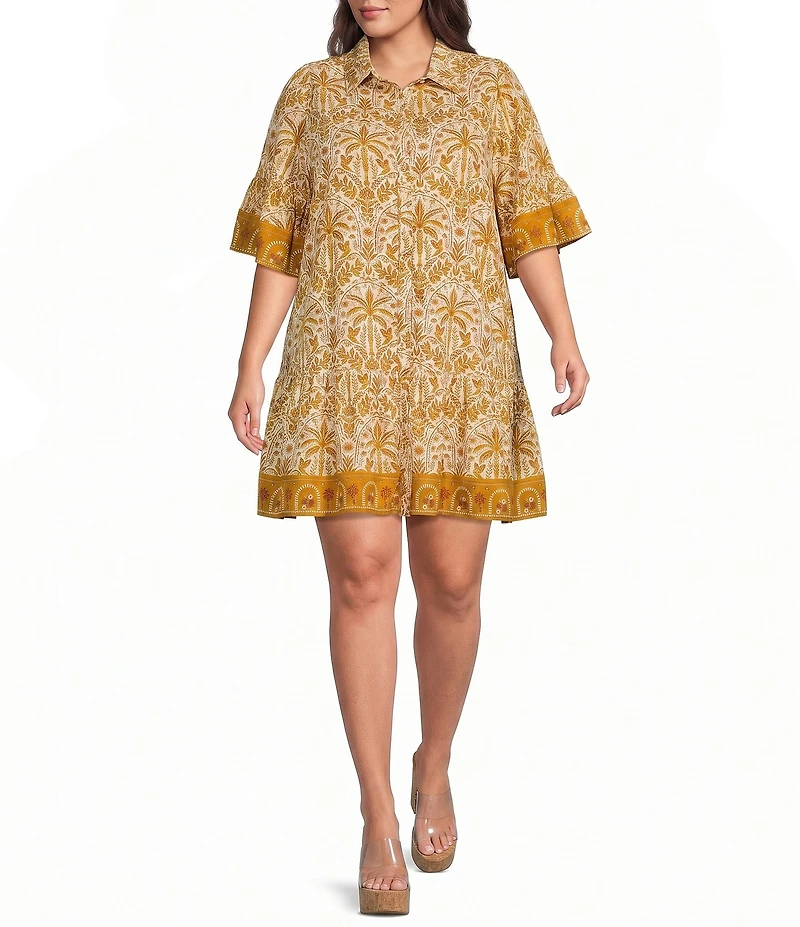 Sugarlips Plus Size Calina Tropical Printed Haysville Collared Button Front Short Sleeve Linen Shift Mini Dress
