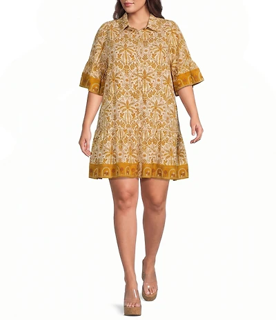 Sugarlips Plus Size Calina Tropical Printed Haysville Collared Button Front Short Sleeve Linen Shift Mini Dress