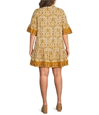 Sugarlips Plus Size Calina Tropical Printed Haysville Collared Button Front Short Sleeve Linen Shift Mini Dress