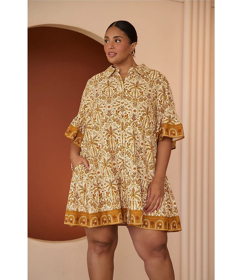 Sugarlips Plus Size Calina Tropical Printed Haysville Collared Button Front Short Sleeve Linen Shift Mini Dress