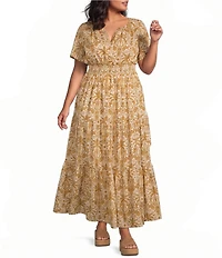 Sugarlips Plus Size Calina Tropical Printed Trisia Split Neck Short Sleeve Linen Maxi Dress