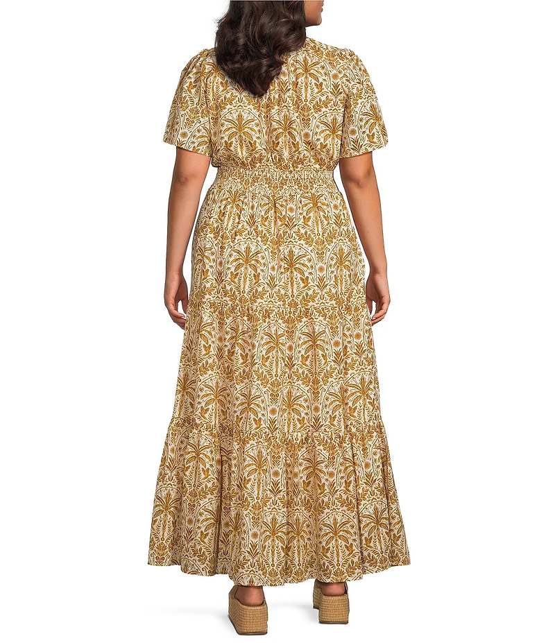 Sugarlips Plus Size Calina Tropical Printed Trisia Split Neck Short Sleeve Linen Maxi Dress