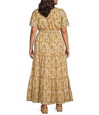 Sugarlips Plus Size Calina Tropical Printed Trisia Split Neck Short Sleeve Linen Maxi Dress