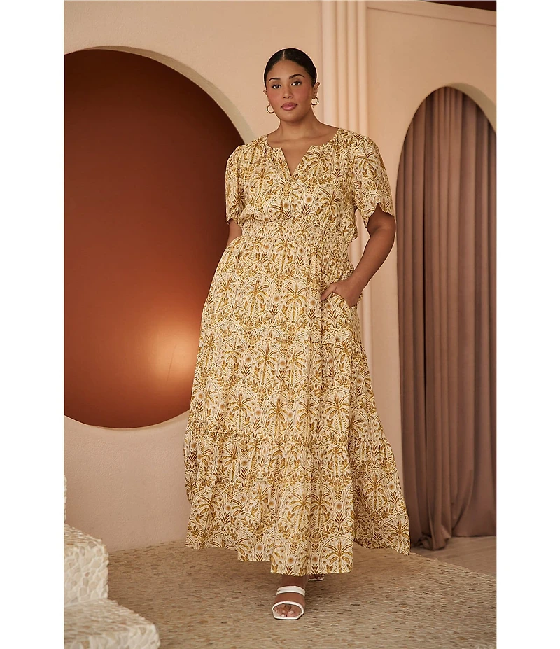 Sugarlips Plus Size Calina Tropical Printed Trisia Split Neck Short Sleeve Linen Maxi Dress