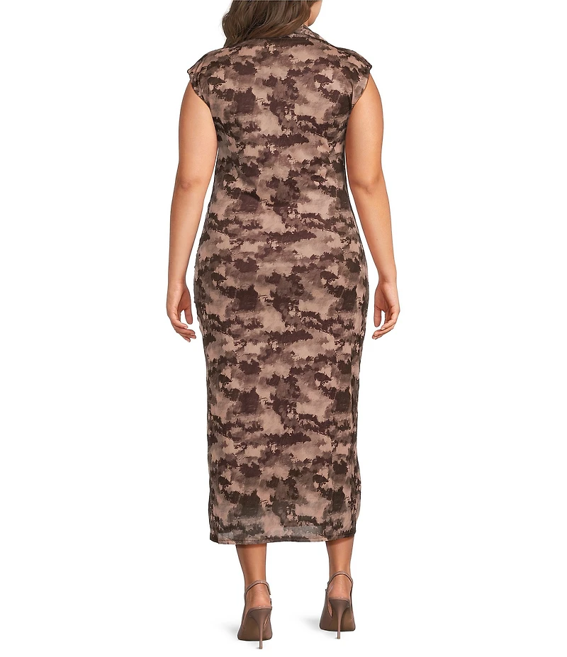 Sugarlips Plus Size Camo Printed Ruched Mock Neck Sleeveless Mesh Midi Dress
