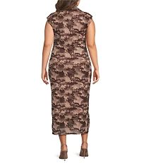 Sugarlips Plus Size Camo Printed Ruched Mock Neck Sleeveless Mesh Midi Dress