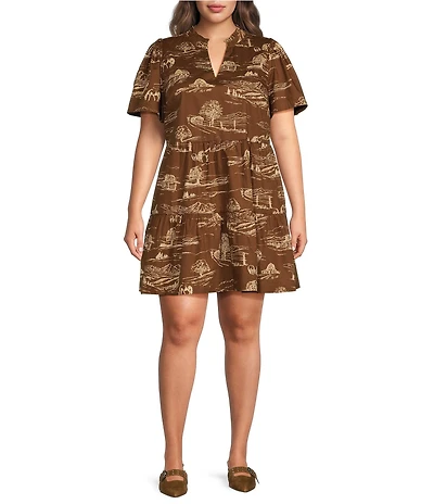 Sugarlips Plus Size Candace Western Printed V-Neck Short Sleeve Tiered Poplin Mini Dress