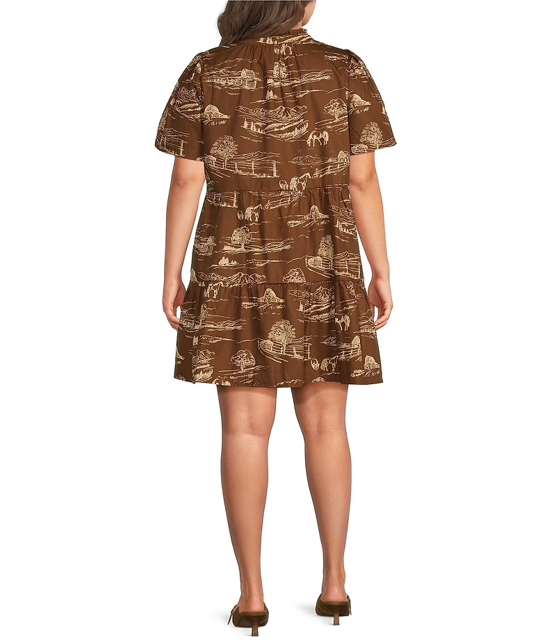 Sugarlips Plus Size Candace Western Printed V-Neck Short Sleeve Tiered Poplin Mini Dress