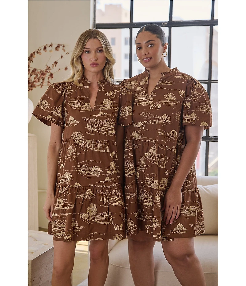 Sugarlips Plus Size Candace Western Printed V-Neck Short Sleeve Tiered Poplin Mini Dress