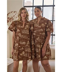 Sugarlips Plus Size Candace Western Printed V-Neck Short Sleeve Tiered Poplin Mini Dress