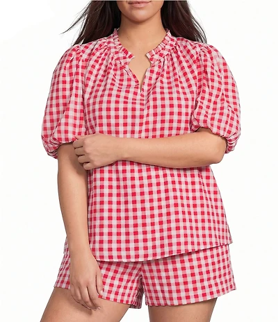 Sugarlips Plus Size Chelli Checkered Gingham Printed Gretna Ruffle Split V-Neck Short Sleeve Coordinating Blouse Top
