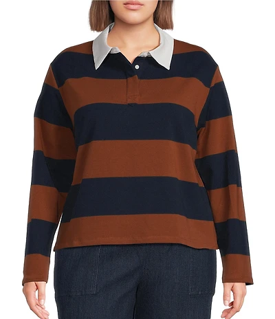Sugarlips Plus Size Chocolate Cropped Rugby Stripe Collared Long Sleeve Polo Shirt