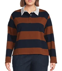 Sugarlips Plus Size Chocolate Cropped Rugby Stripe Collared Long Sleeve Polo Shirt