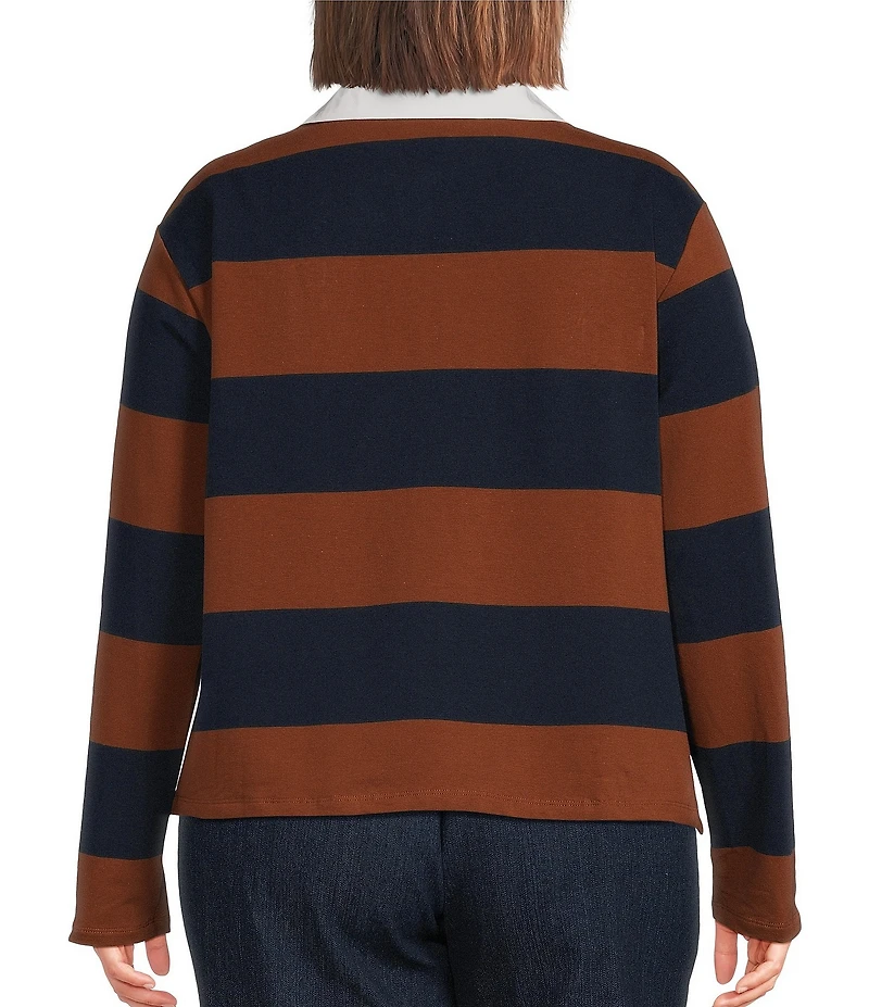 Sugarlips Plus Size Chocolate Cropped Rugby Stripe Collared Long Sleeve Polo Shirt