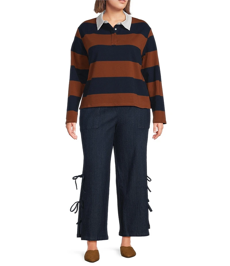 Sugarlips Plus Size Chocolate Cropped Rugby Stripe Collared Long Sleeve Polo Shirt