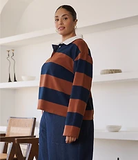 Sugarlips Plus Size Chocolate Cropped Rugby Stripe Collared Long Sleeve Polo Shirt