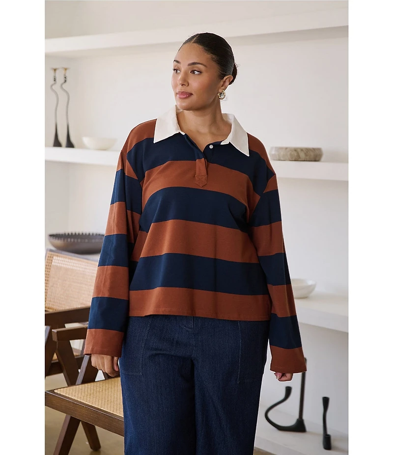 Sugarlips Plus Size Chocolate Cropped Rugby Stripe Collared Long Sleeve Polo Shirt