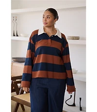 Sugarlips Plus Size Chocolate Cropped Rugby Stripe Collared Long Sleeve Polo Shirt