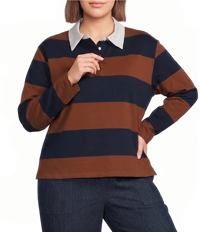 Sugarlips Plus Size Chocolate Cropped Rugby Stripe Collared Long Sleeve Polo Shirt