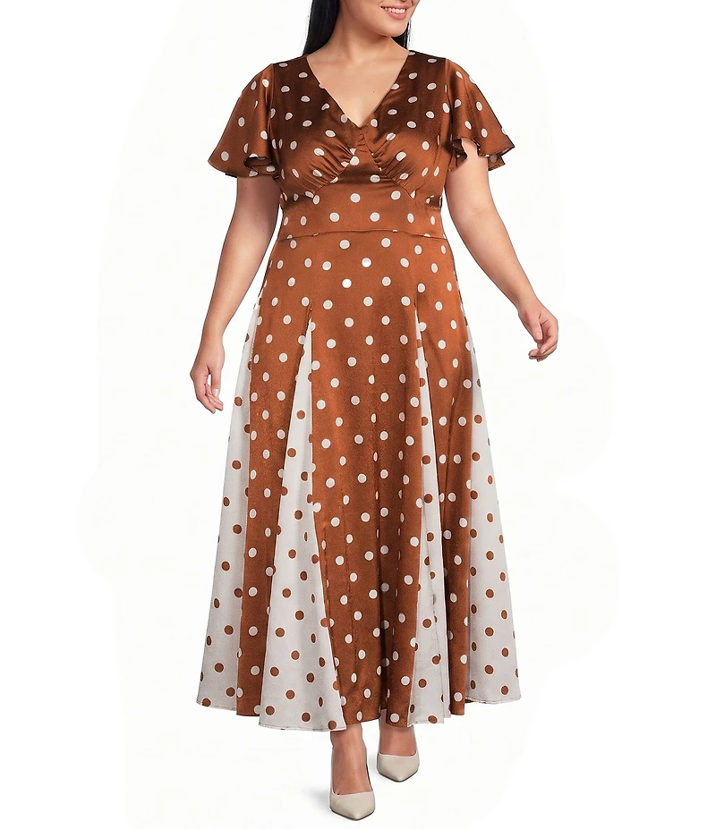 Sugarlips Plus Size Chocolate Mixed Dot V-Neck Short Sleeve Godet Hem Satin Maxi Dress