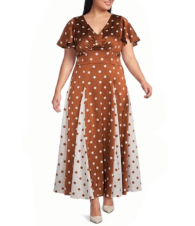 Sugarlips Plus Size Chocolate Mixed Dot V-Neck Short Sleeve Godet Hem Satin Maxi Dress