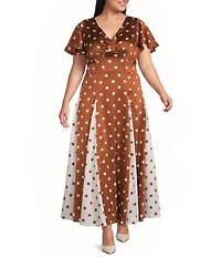 Sugarlips Plus Size Chocolate Mixed Dot V-Neck Short Sleeve Godet Hem Satin Maxi Dress