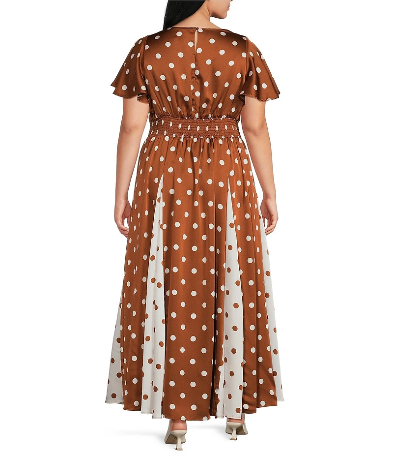 Sugarlips Plus Size Chocolate Mixed Dot V-Neck Short Sleeve Godet Hem Satin Maxi Dress