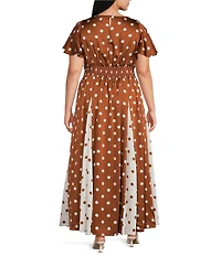 Sugarlips Plus Size Chocolate Mixed Dot V-Neck Short Sleeve Godet Hem Satin Maxi Dress