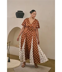 Sugarlips Plus Size Chocolate Mixed Dot V-Neck Short Sleeve Godet Hem Satin Maxi Dress