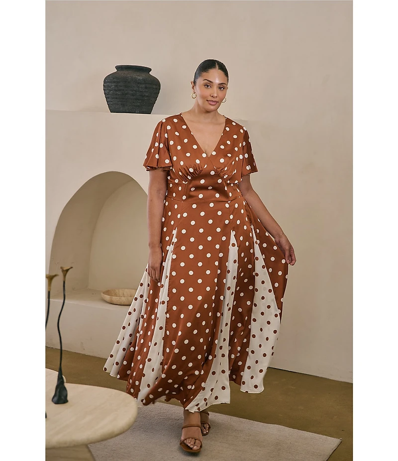 Sugarlips Plus Size Chocolate Mixed Dot V-Neck Short Sleeve Godet Hem Satin Maxi Dress