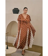 Sugarlips Plus Size Chocolate Mixed Dot V-Neck Short Sleeve Godet Hem Satin Maxi Dress